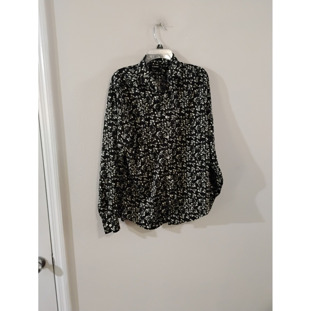 Murano Slim Fit Mens Large Black White Floral Long Sleeve Button Down Shirt